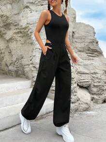 Muchica Solid Tank Bodysuit & Slant Pocket Trousers - Black - View 3