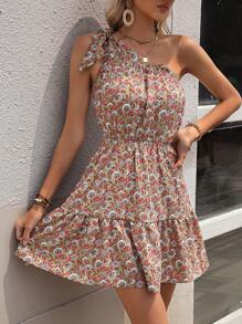 SHEIN LUNE 滿版印花單肩荷葉邊打結細節連衣裙 - 彩色 - 查看 4