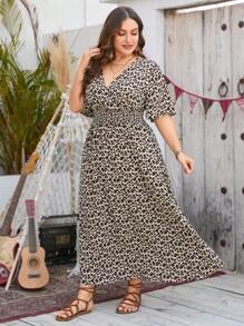 SHEIN Clasi Plus Leopard Print Shirred Waist Dress - Multicolor - View 4