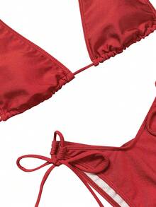 Solid Bikini Set Halter Triangle Bra & Beaded Thong Bottom 2 Pieces Bikini Summer Beach - Red - View 4