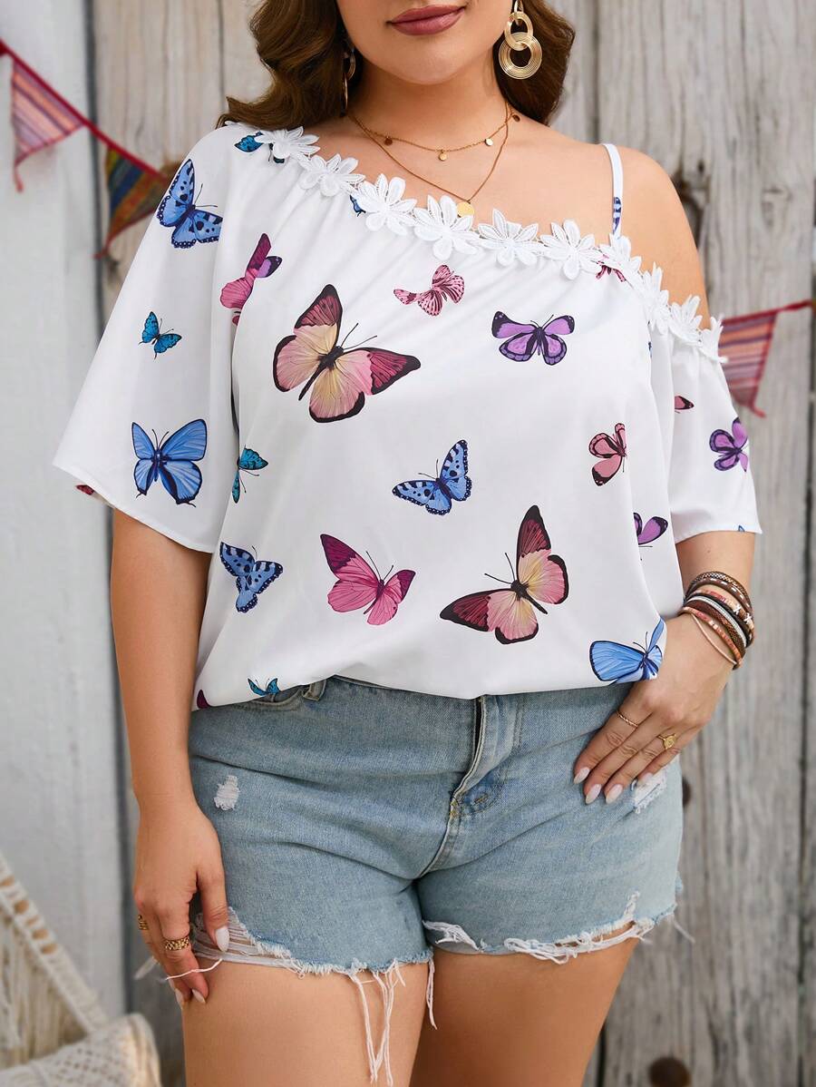 SHEIN LUNE Áo sơ mi Plus Size Đề can Bất đối xứng Loại bướm Giải trí - Nhiều màu - Xem 1