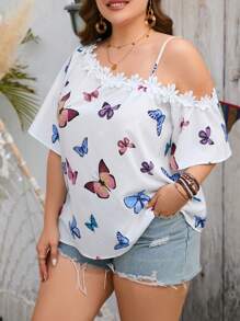 SHEIN LUNE Áo sơ mi Plus Size Đề can Bất đối xứng Loại bướm Giải trí - Nhiều màu - Xem 3