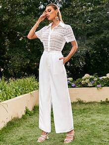 Sollinarry Solid Button Front Shirt & Wide Leg Pants - White - View 4