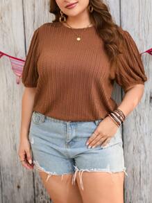 SHEIN LUNE Plus Solid Puff Sleeve Tee - Coffee Brown - View 6