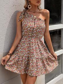 SHEIN LUNE 滿版印花單肩荷葉邊打結細節連衣裙 - 彩色 - 查看 2