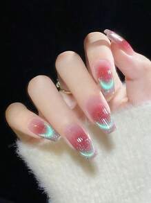 使用24入組長棺材腮紅貓眼閃光漸變色假指甲和1入組指甲銼和1張膠帶打造迷人魅力 - 彩色 - 查看 1