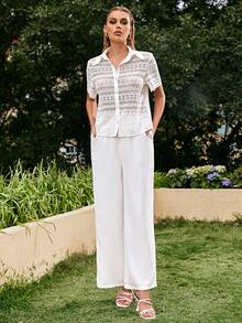 Sollinarry Solid Button Front Shirt & Wide Leg Pants - White - View 6