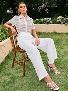 Sollinarry Solid Button Front Shirt & Wide Leg Pants - White - View 5