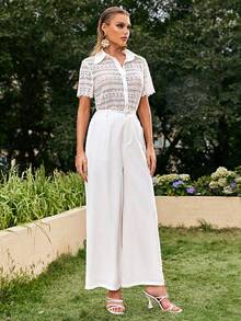 Sollinarry Solid Button Front Shirt & Wide Leg Pants - White - View 3
