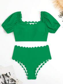 Bikini cạp cao viền sò điệp, cho kỳ nghỉ hè ở bãi biển - màu xanh lá - Xem 5