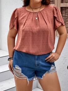 SHEIN Clasi Áo sơ mi Plus Size Uốn nếp màu trơn Giải trí - Rỉ Nâu - Xem 4