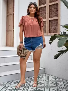 SHEIN Clasi Áo sơ mi Plus Size Uốn nếp màu trơn Giải trí - Rỉ Nâu - Xem 5