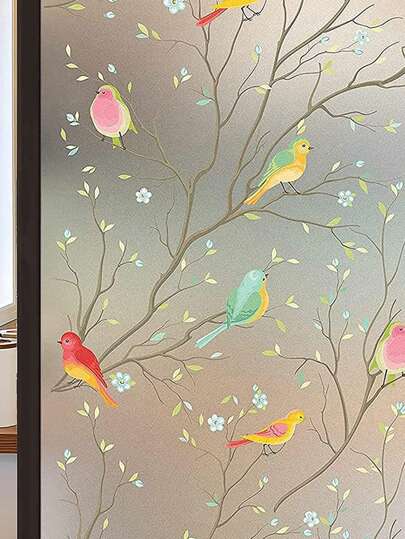 1 pieza Película decorativa con forma de flor y pájaro coloridos, pegatina decorativa de vidrio de ventana vintage para el hogar, pegatinas, decoración de pared, calcomanía de vinilo para decoraciones del hogar, artículos de decoración de primavera para refrescar su hogar, pegatinas de decoración de ramas
