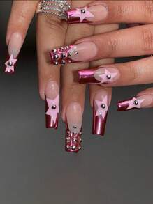 24入組長棺材粉紅色法式星星圖案鋼球假指甲和1入組指甲銼和1張指甲膠帶適合女士和女孩，營造浪漫氛圍 - 彩色 - 查看 1