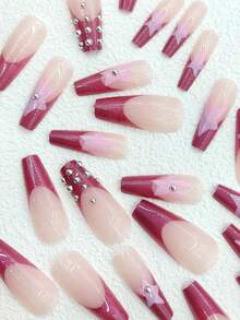 24入組長棺材粉紅色法式星星圖案鋼球假指甲和1入組指甲銼和1張指甲膠帶適合女士和女孩，營造浪漫氛圍 - 彩色 - 查看 3