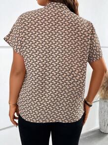 Calvaya Plus Allover Print Notched Neckline Batwing Sleeve Blouse