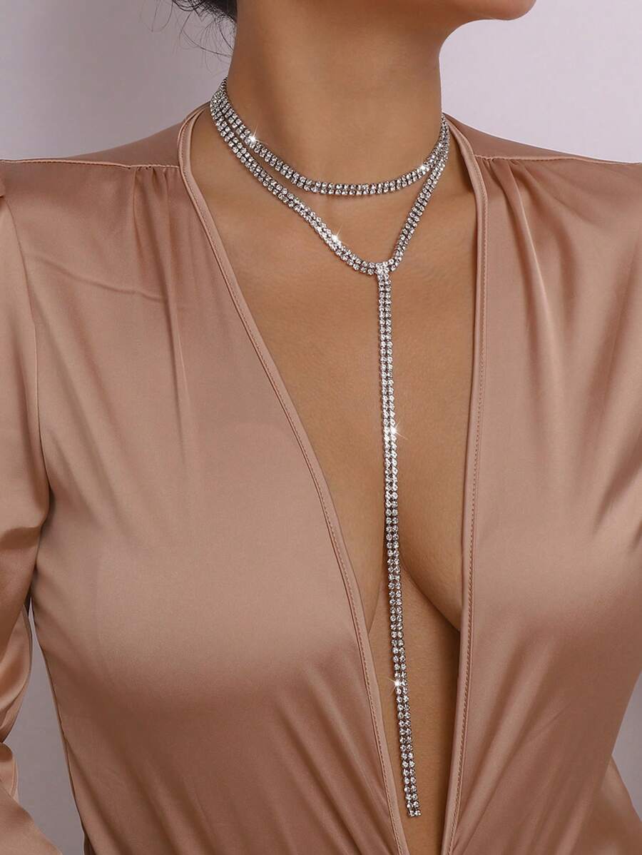 水鑽裝飾Y字項鍊 - 銀色 - 查看 1