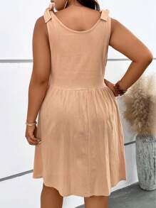 SHEIN Holidaya 大碼肩上打結口袋貼布連衣裙 - 卡其色 - 查看 4