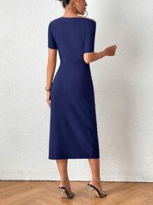 SHEIN Privé Asymmetrical Neck Split Thigh Dress - Navy Blue - View 2