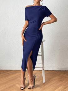 SHEIN Privé Asymmetrical Neck Split Thigh Dress - Navy Blue - View 4