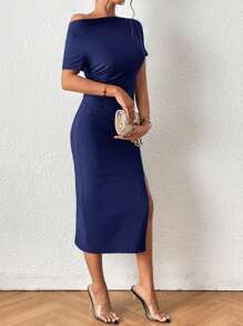 SHEIN Privé Asymmetrical Neck Split Thigh Dress - Navy Blue - View 5