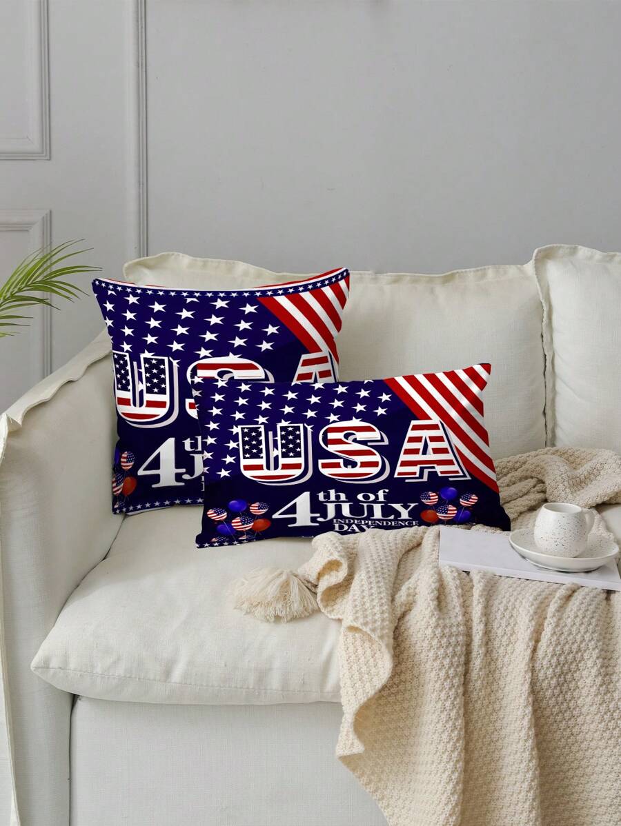 1入組獨立日星星和標語圖形靠墊套無填充物織物抱枕套適用於沙發沙發客廳 - 彩色 - 查看 1