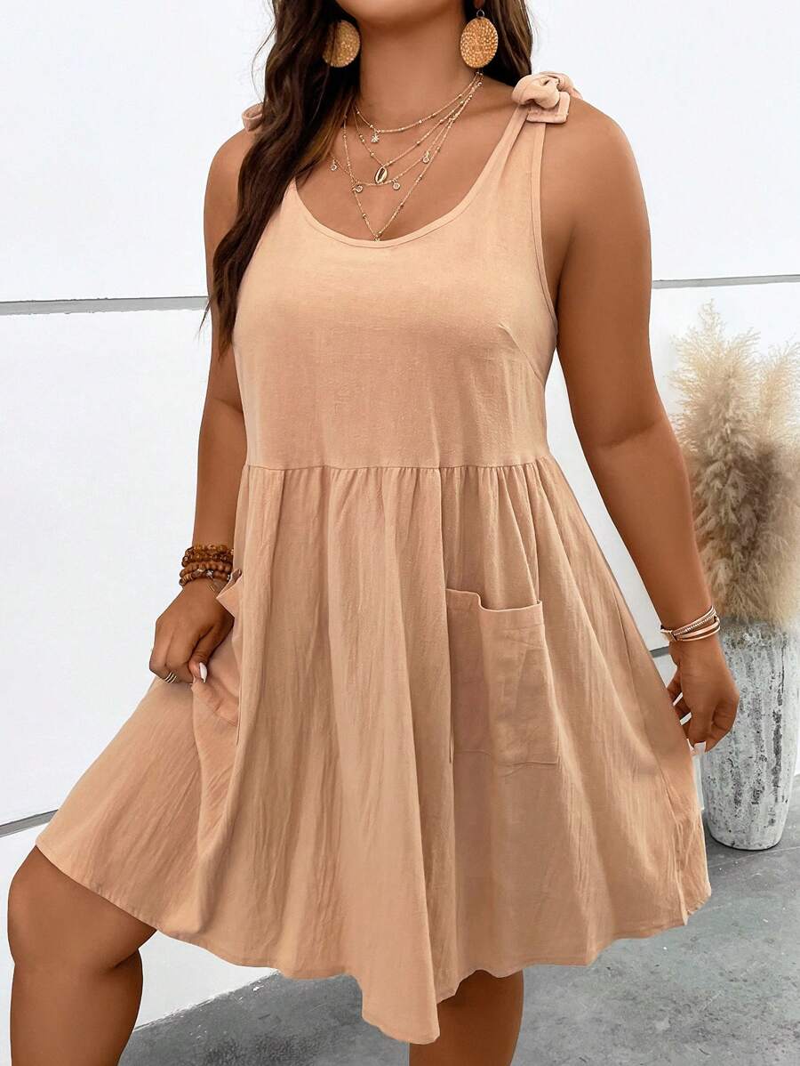 SHEIN Holidaya 大碼肩上打結口袋貼布連衣裙 - 卡其色 - 查看 1