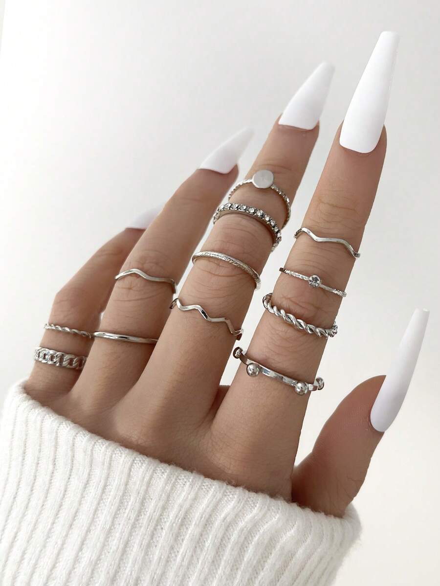 12入組水鑽裝飾戒指 - 銀色 - 查看 1