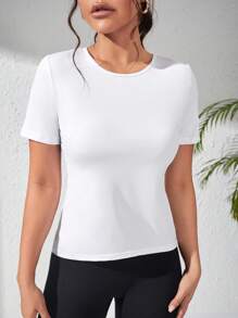 SHEIN Sports Women's Solid Crew Neck Raglan Sleeve Short Sleeve Fitted Seamless Active T-Shirtworkout Tank Top