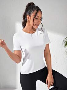 SHEIN Sports Women's Solid Crew Neck Raglan Sleeve Short Sleeve Fitted Seamless Active T-Shirtworkout Tank Top