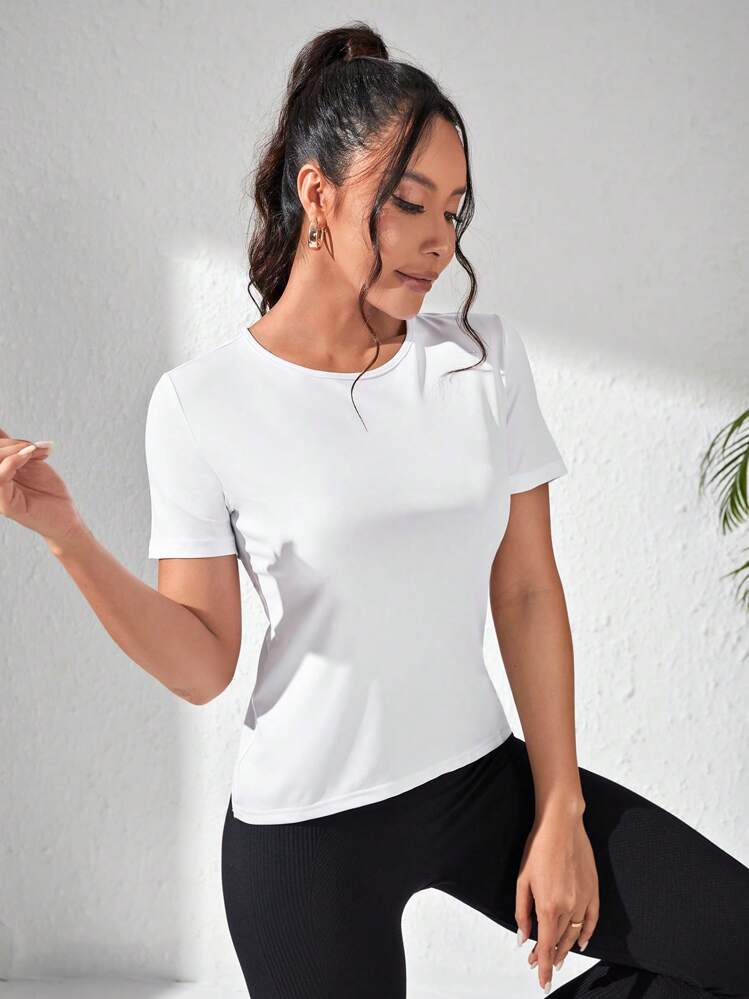Gameset SHEIN Sport 女式纯色圆领插肩袖短袖合身无缝运动T恤健身背心健身衫 - 白色 - 查看 5