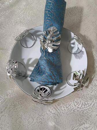 Anillo de servilleta con diseño de hoja de 6 piezas, hebilla de servilleta plateada, para mesa de comedor