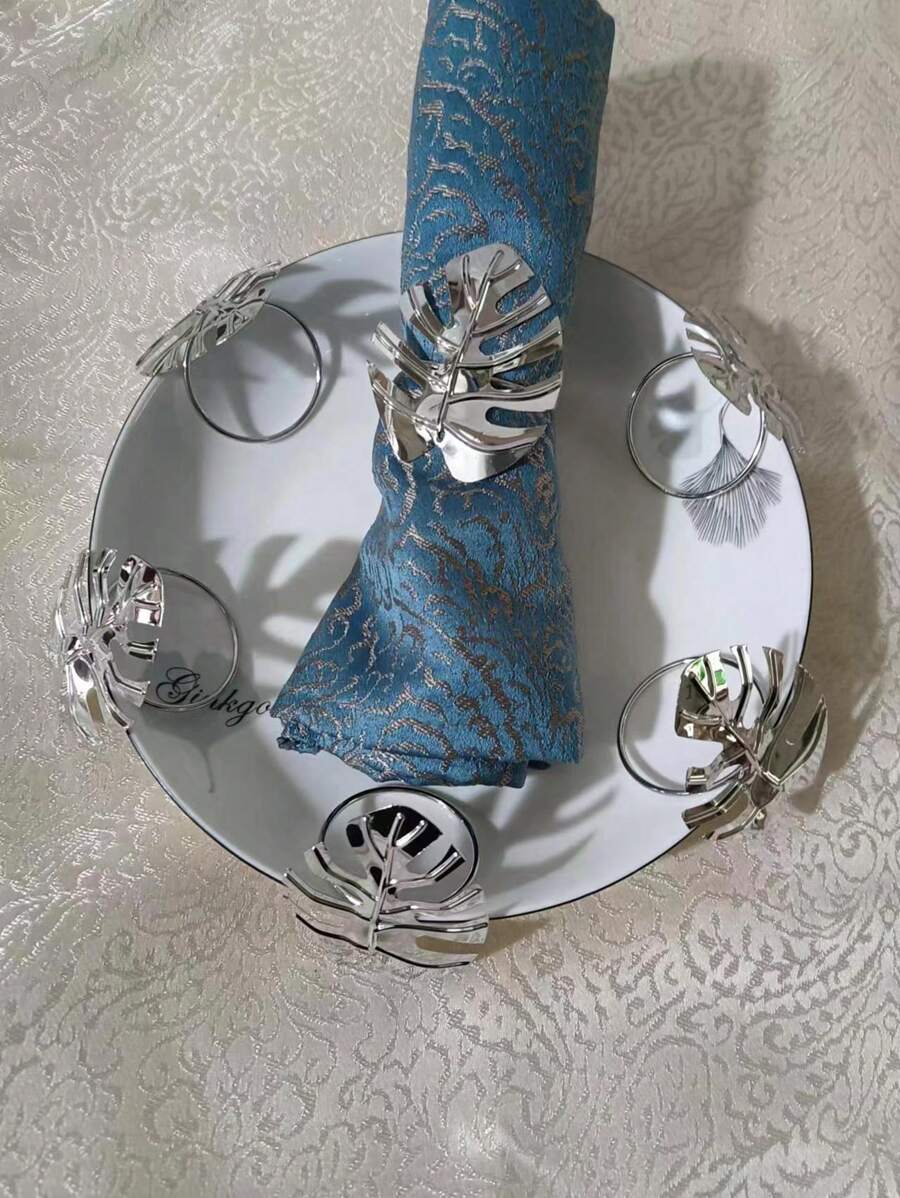 6入組葉子設計餐巾環銀色餐巾扣適用於餐桌 - 銀色 - 查看 1