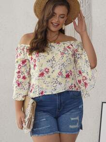 Áo sơ mi Plus Size Hoa Tất cả trên in Boho - Màu vàng - Xem 1