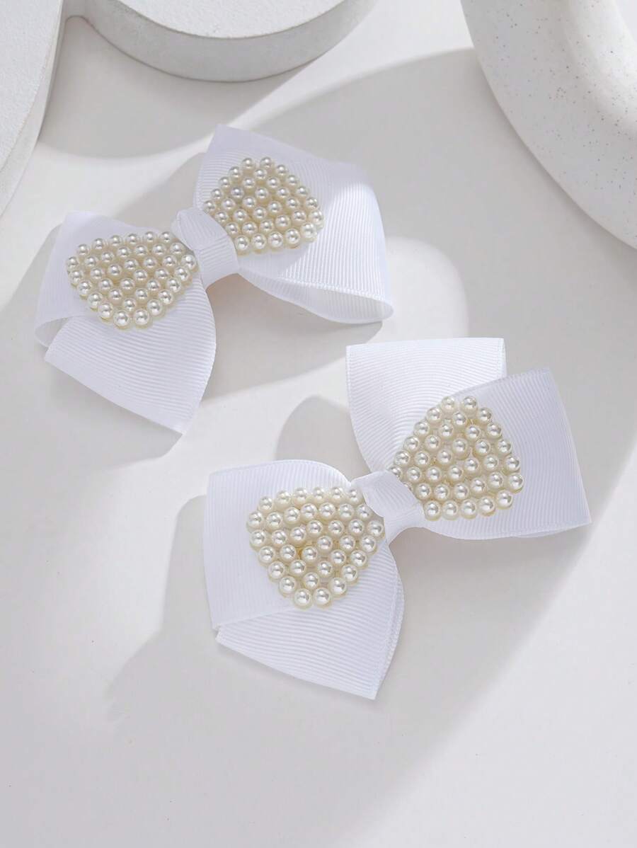 14件以上珍珠爱心蝴蝶结发夹套装，适合日常佩戴和派对的少女风发饰 - 白色 - 查看 1