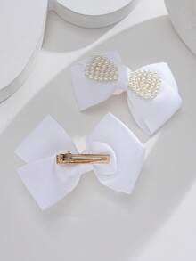 14件以上珍珠爱心蝴蝶结发夹套装，适合日常佩戴和派对的少女风发饰 - 白色 - 查看 3