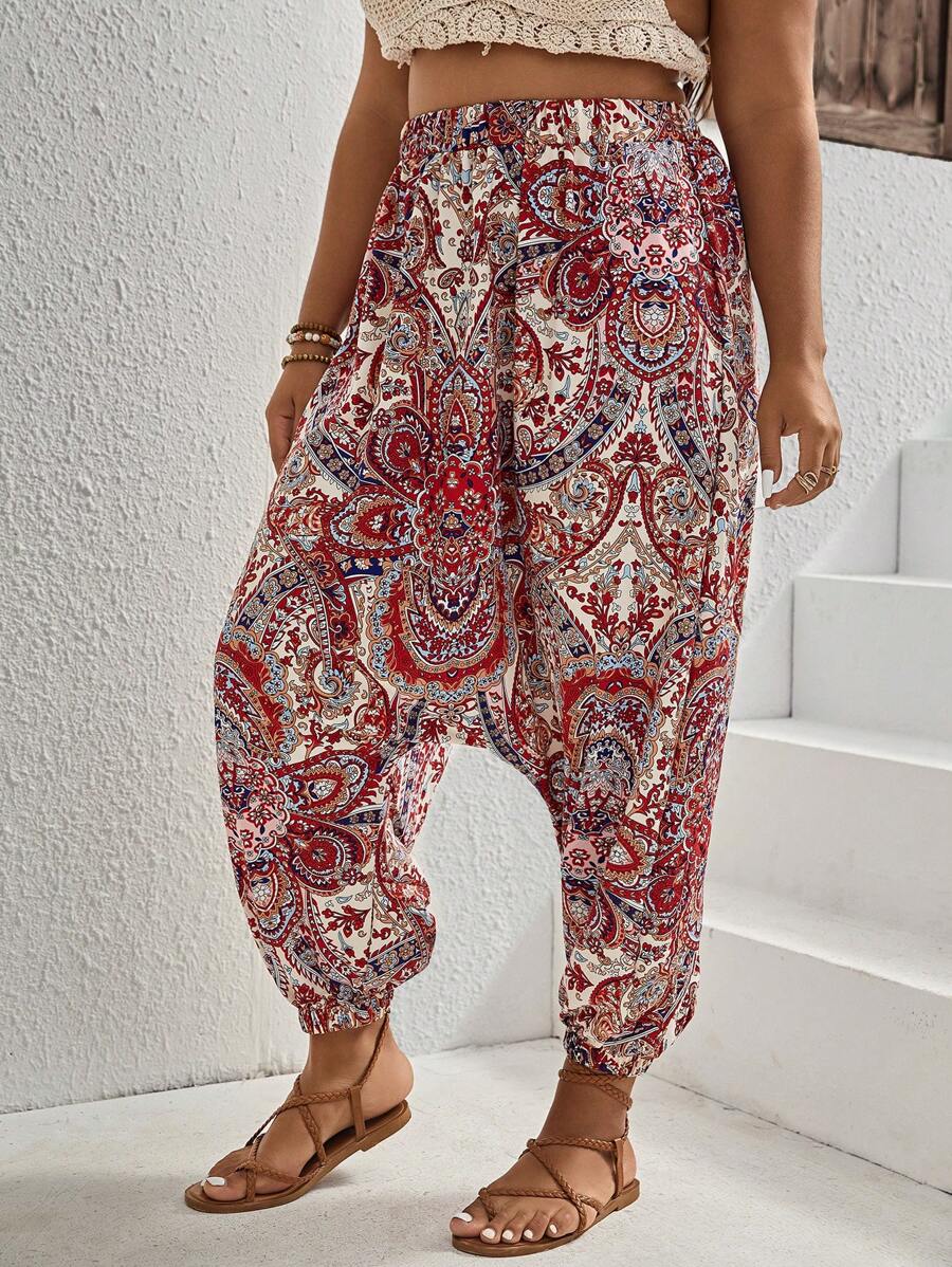 SHEIN VCAY 大碼佩斯利印花蘿蔔褲 - 彩色 - 查看 1