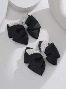 2入組小女童蝴蝶結和人造珍珠裝飾時尚髮夾日常裝飾 - 黑色 - 查看 2