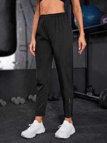 Solid Elastic Waist Zipper Hem Sports Pants - Black - View 1