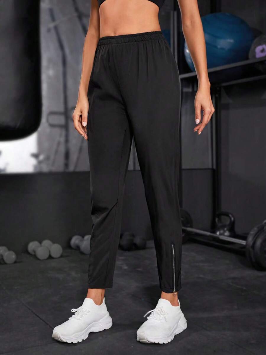 Solid Elastic Waist Zipper Hem Sports Pants - Black - View 1