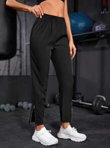 Solid Elastic Waist Zipper Hem Sports Pants - Black - View 4