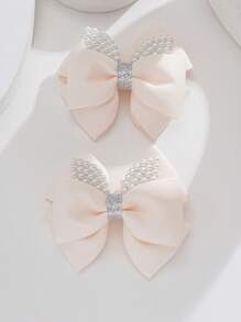 2 chiếc Nơ bé gái mới biết đi & Trang trí ngọc trai giả Kẹp tóc thời trang để trang trí hàng ngày - Màu be - Xem 2