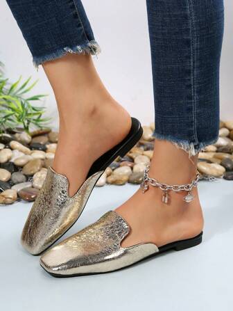 Women's Vintage Floral Slip-On Casual Shoes, Fashion & Comfortable Square Toe Flat Sandals, Suitable For Summer, Elegant Flat Shoes For Christmas, Autumn/New Year Holidays,Mule