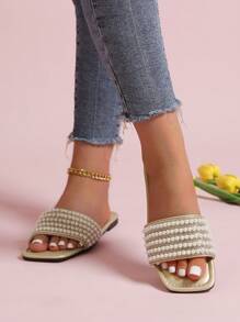 1 双女士珍珠水钻装饰凉鞋 - 金色 - 查看 3