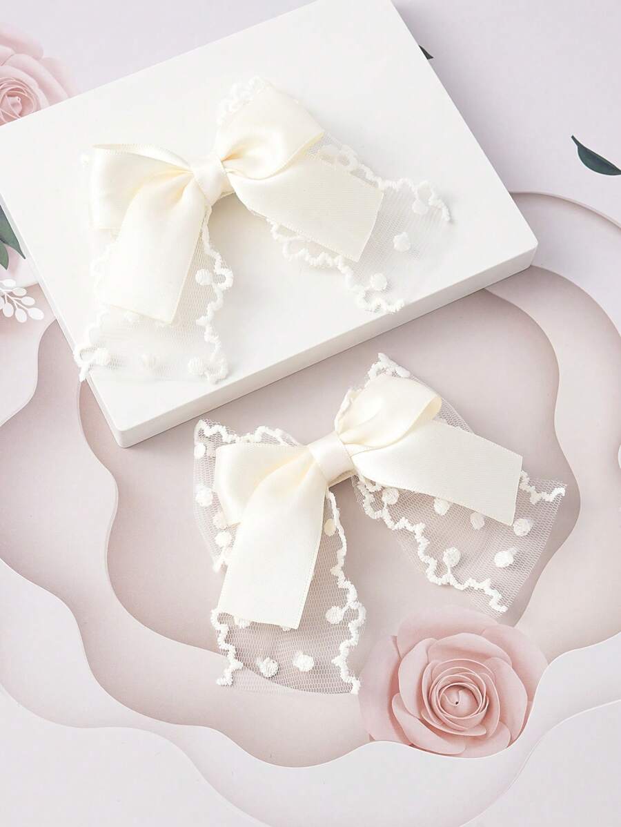 2个蕾丝蝴蝶结发夹，优雅女士风格，飘逸灵动 - 米色 - 查看 1