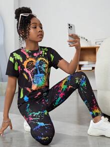 SHEIN Ensemble t-shirt à col rond et short pour jeune fille préado, simple et décontracté, avec portrait imprimé, idéal pour l'été, les vacances et les voyages