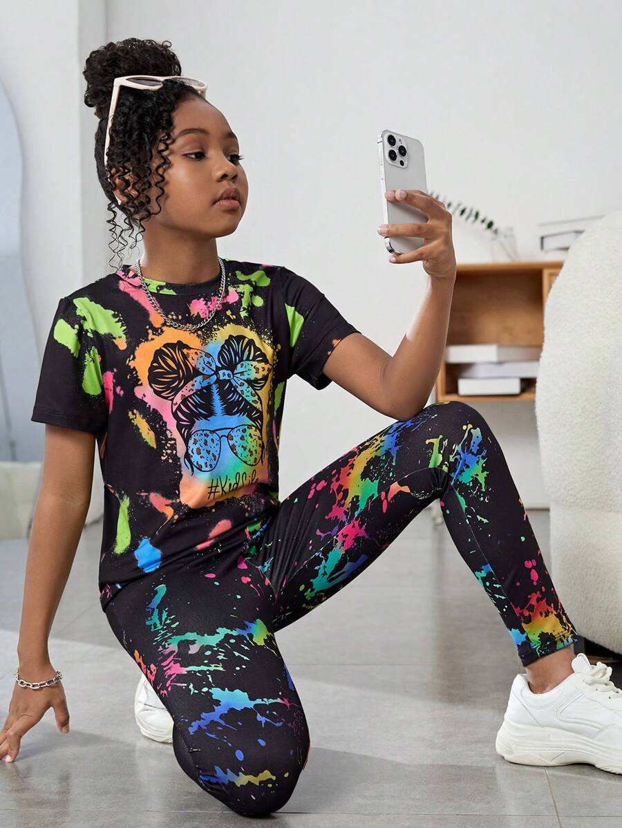 SHEIN Ensemble t-shirt à col rond et short pour jeune fille préado, simple et décontracté, avec portrait imprimé, idéal pour l'été, les vacances et les voyages