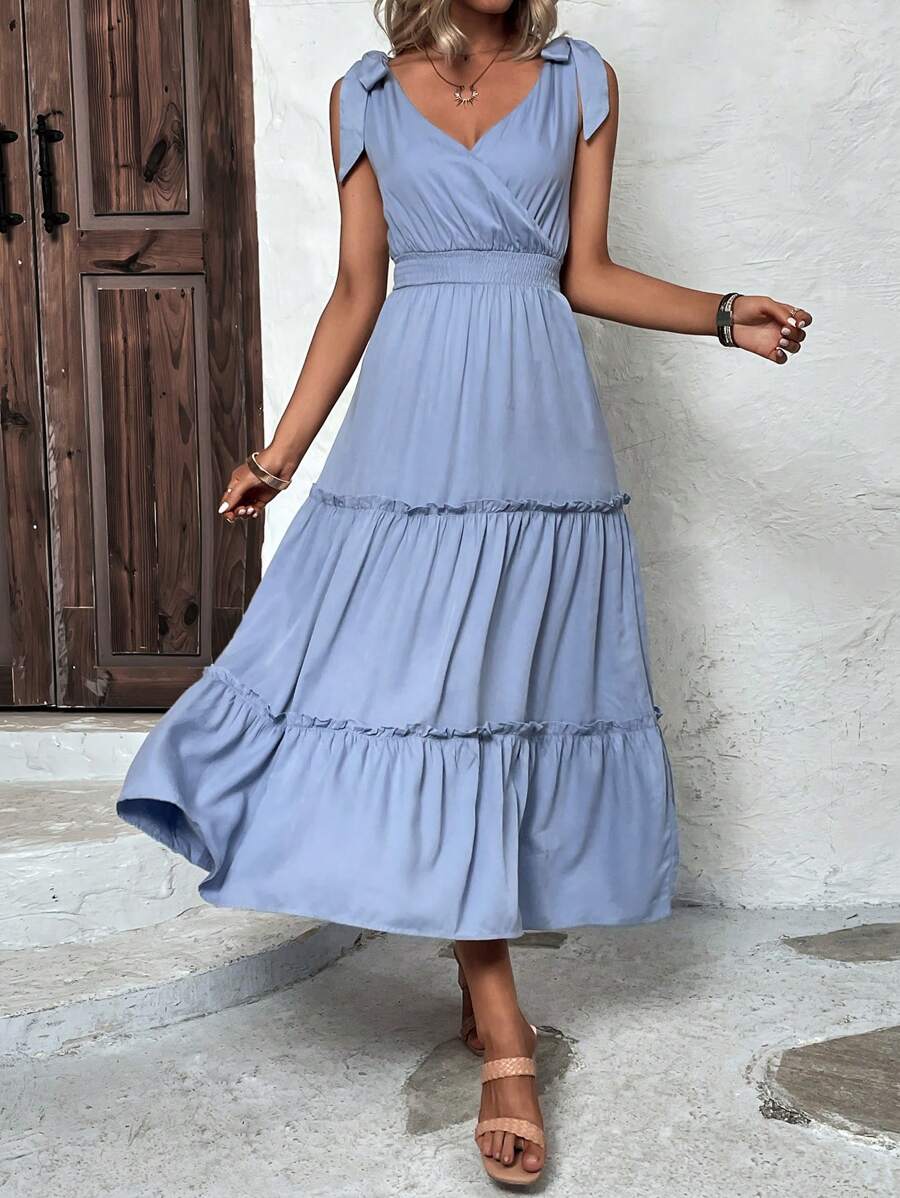 SHEIN VCAY Vestido de hombros con cordón bajo con fruncido - Azul - Ver 1