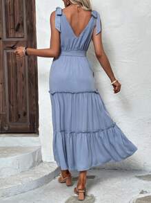 SHEIN VCAY Vestido de hombros con cordón bajo con fruncido - Azul - Ver 2
