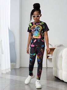 SHEIN Ensemble t-shirt à col rond et short pour jeune fille préado, simple et décontracté, avec portrait imprimé, idéal pour l'été, les vacances et les voyages